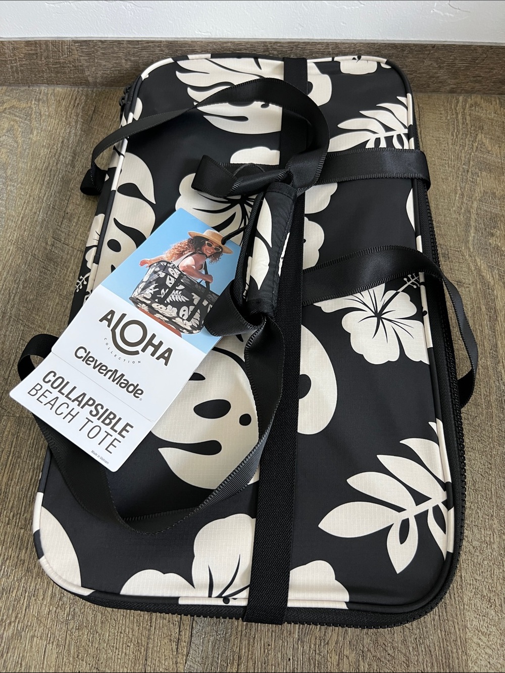 ALOHA Collection Black White Collapsible Beach Tote basket bin NEW Hawaii